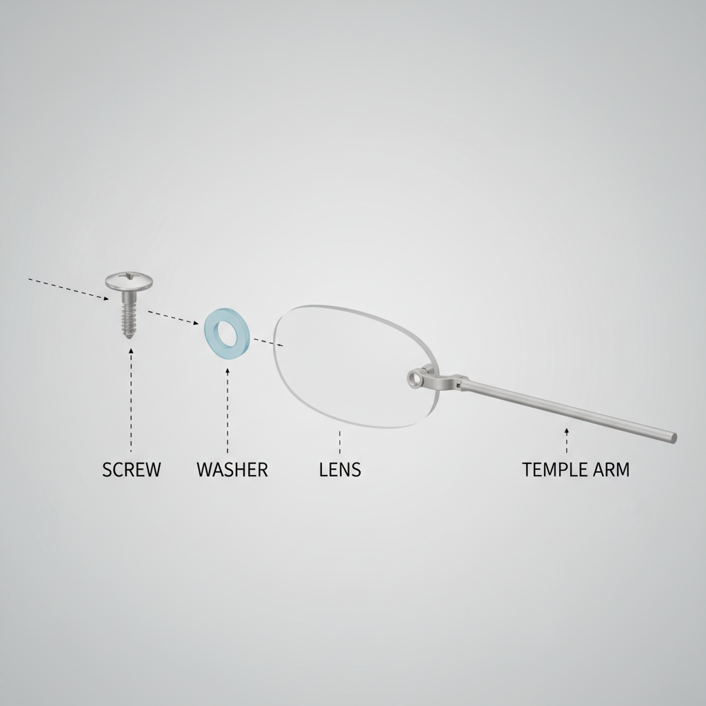 A 3D diagram showing the exploded view of a rimless eyeglass drill-mount assembly, including the screw, washer, and lens.