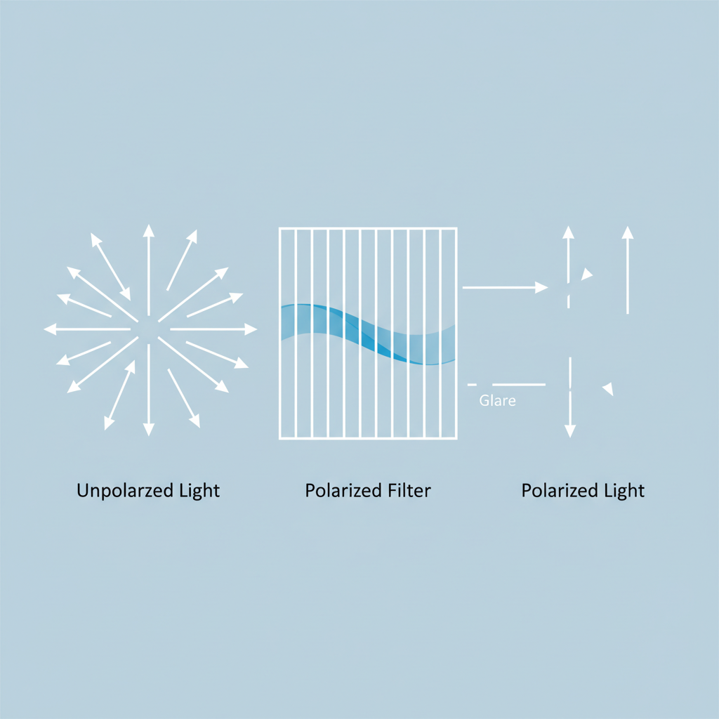A diagram showing unpolarized light waves vibrating in all directions, then hitting a polarized filter with vertical slats, which only allows vertically oriented light waves to pass through.