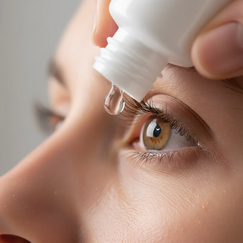 A clean, professional, close-up photograph of a person correctly administering lubricating eye drops. The focus is on the single, clear drop about to enter the eye, emphasizing hygiene and proper technique.