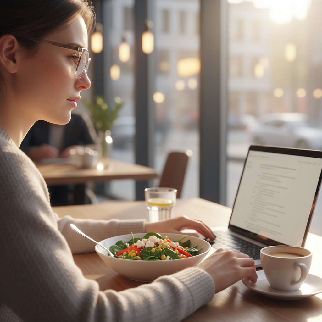 A lifestyle scene of a digital nomad working in a modern, sunlit cafe. They are wearing stylish, transparent-frame blue light glasses. On the table next to their laptop is a vibrant Mediterranean-style salad with dark leafy greens and peppers, symbolizing the internal-external defense strategy.