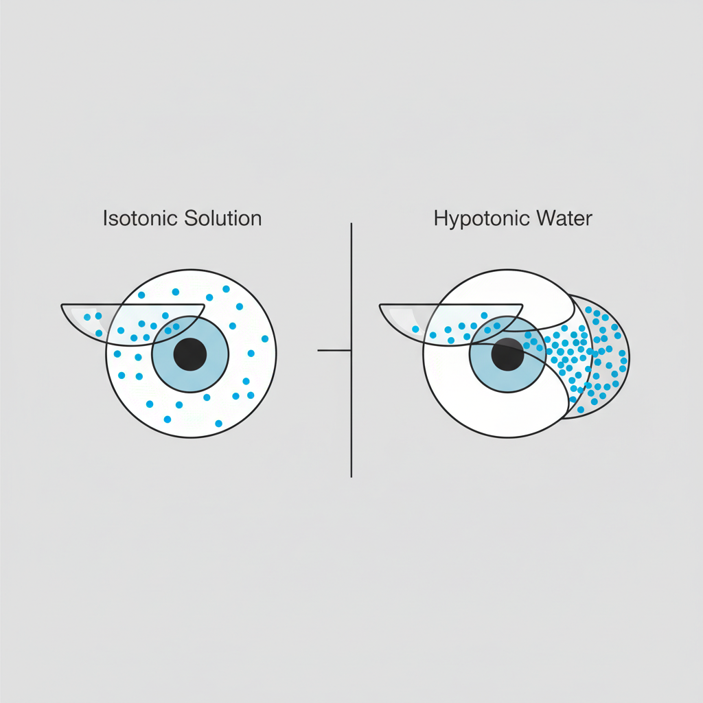 A simple scientific diagram comparing a contact lens in a proper isotonic solution, maintaining its shape, versus a contact lens in hypotonic tap water, showing it swelling and deforming.