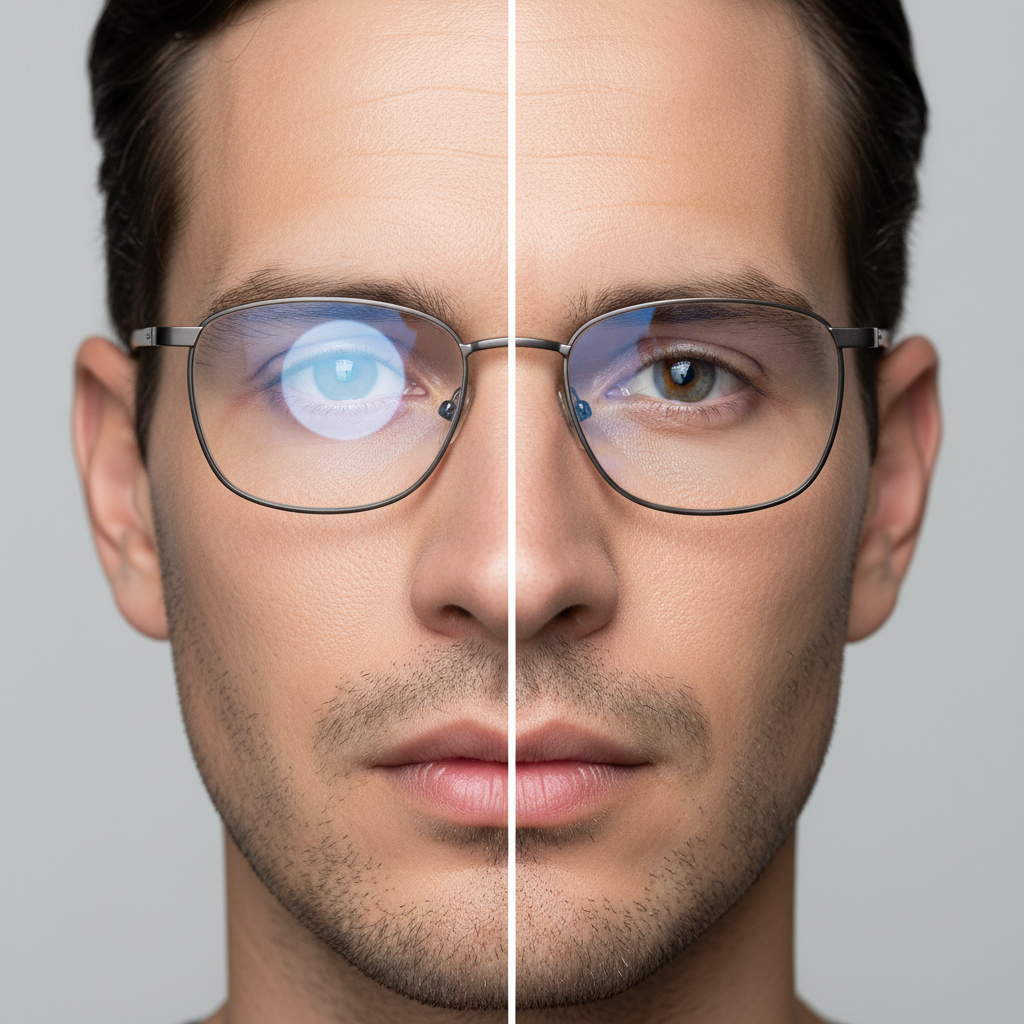 A split-screen image showing a person's face through glasses; one side has heavy glare obscuring their eyes, the other side is crystal clear thanks to an anti-reflective coating.