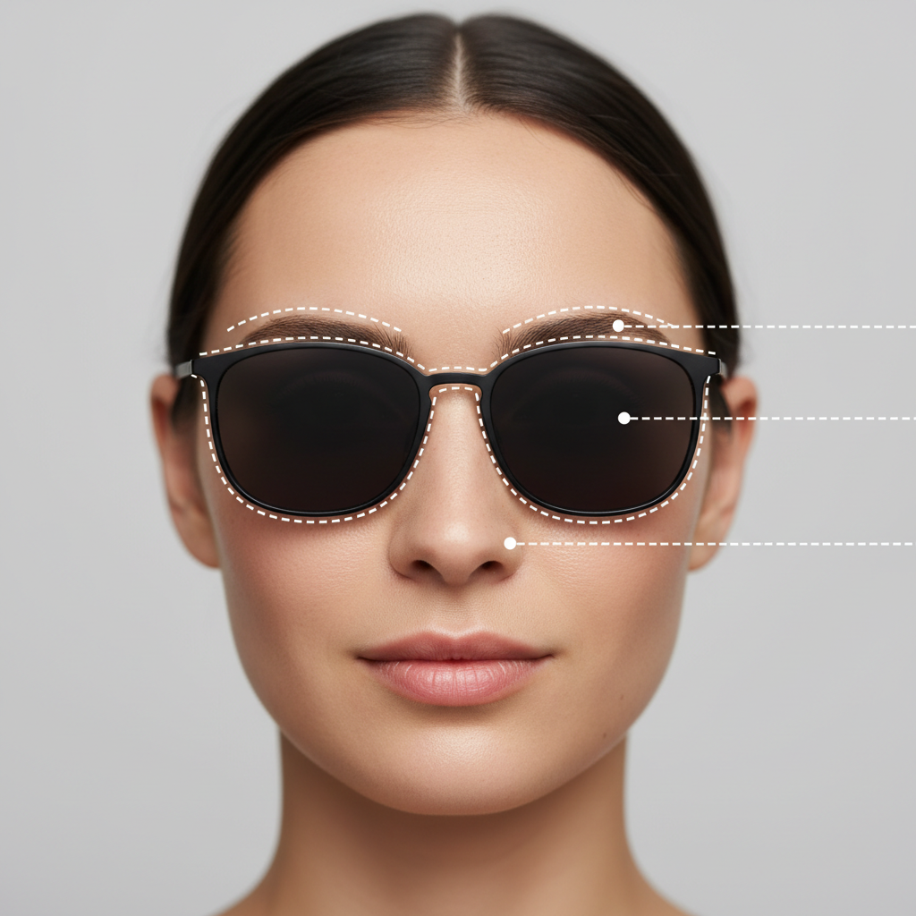 A guide to finding the perfect sunglass fit, highlighting correct bridge placement, temple length, and lens coverage.