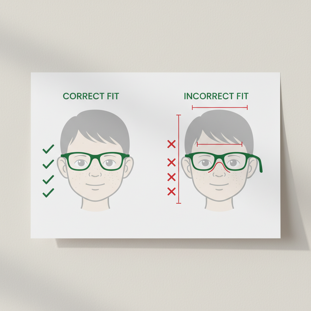 A clean, simple infographic showing the correct and incorrect ways for glasses to fit a child's face, highlighting the bridge, eye position, and temple length.