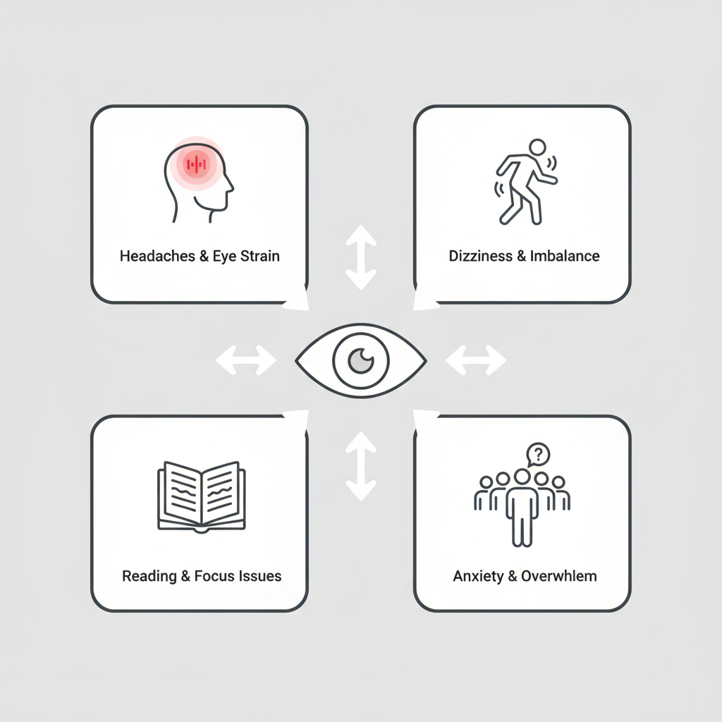 A diagram illustrating the symptom cluster of Binocular Vision Dysfunction. At the center are two slightly misaligned eyes. Arrows point outwards to four distinct categories: 1. Head & Eye Symptoms (icon of a head with pressure points), 2. Balance & Coordination (icon of a dizzy person), 3. Reading & Focus (icon of a book with blurry text), and 4. Psychological Symptoms (icon of an anxious person in a crowd).