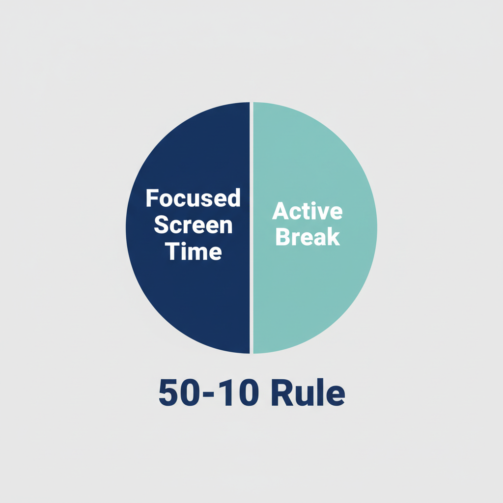 A simple, clean infographic illustrating the '50-10' study method. A minimalist clock icon is shown, with a 50-minute segment shaded in a dark 'focus' color and a 10-minute segment in a lighter 'break' color.