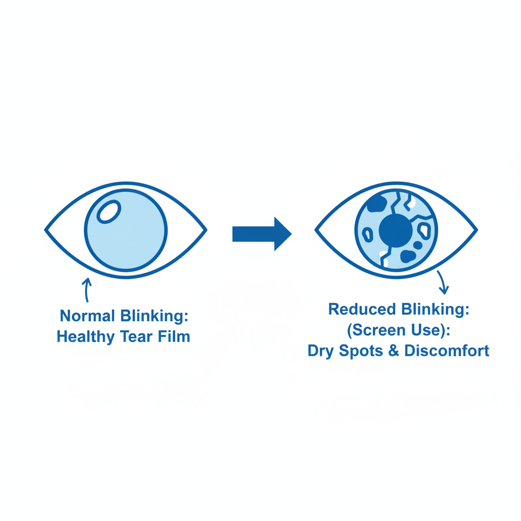 An infographic showing how staring at a screen reduces blink rate, leading to dry spots on the eye's tear film.