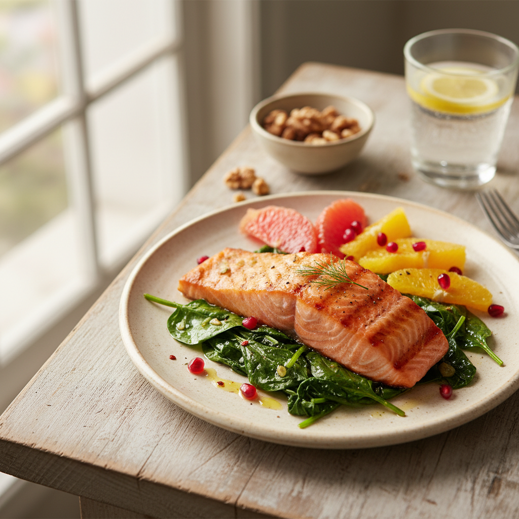 A close-up of a healthy meal featuring grilled salmon, sautéed spinach with olive oil, and a side of citrus, highlighting the key nutrients for eye health.