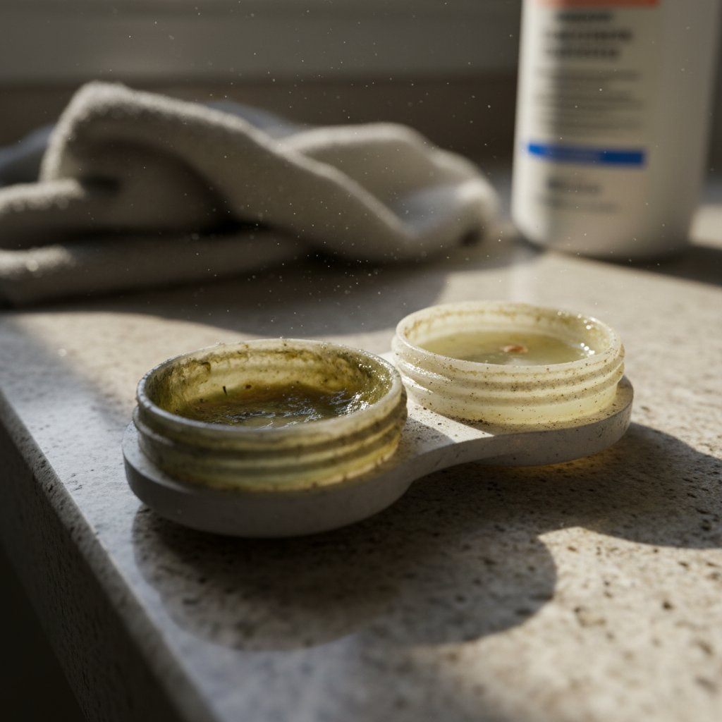 A macro photograph showing a dirty, old contact lens case on a bathroom counter with a visible slimy biofilm inside one of the wells.