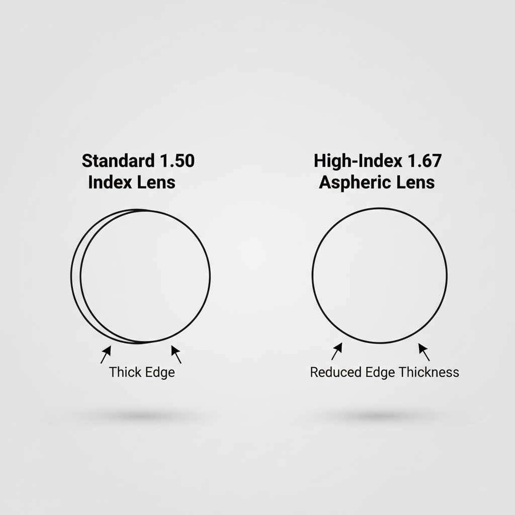 A diagram comparing the thick edge of a standard lens to the thinner profile of a high-index aspheric lens for a nearsighted prescription.