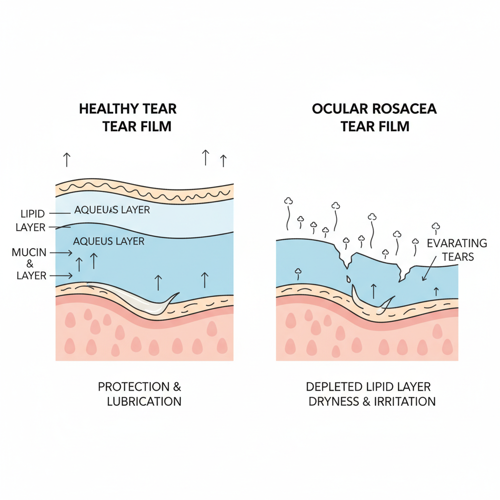 A medical diagram comparing a healthy eye's multi-layered tear film with the disrupted, evaporated tear film common in ocular rosacea.