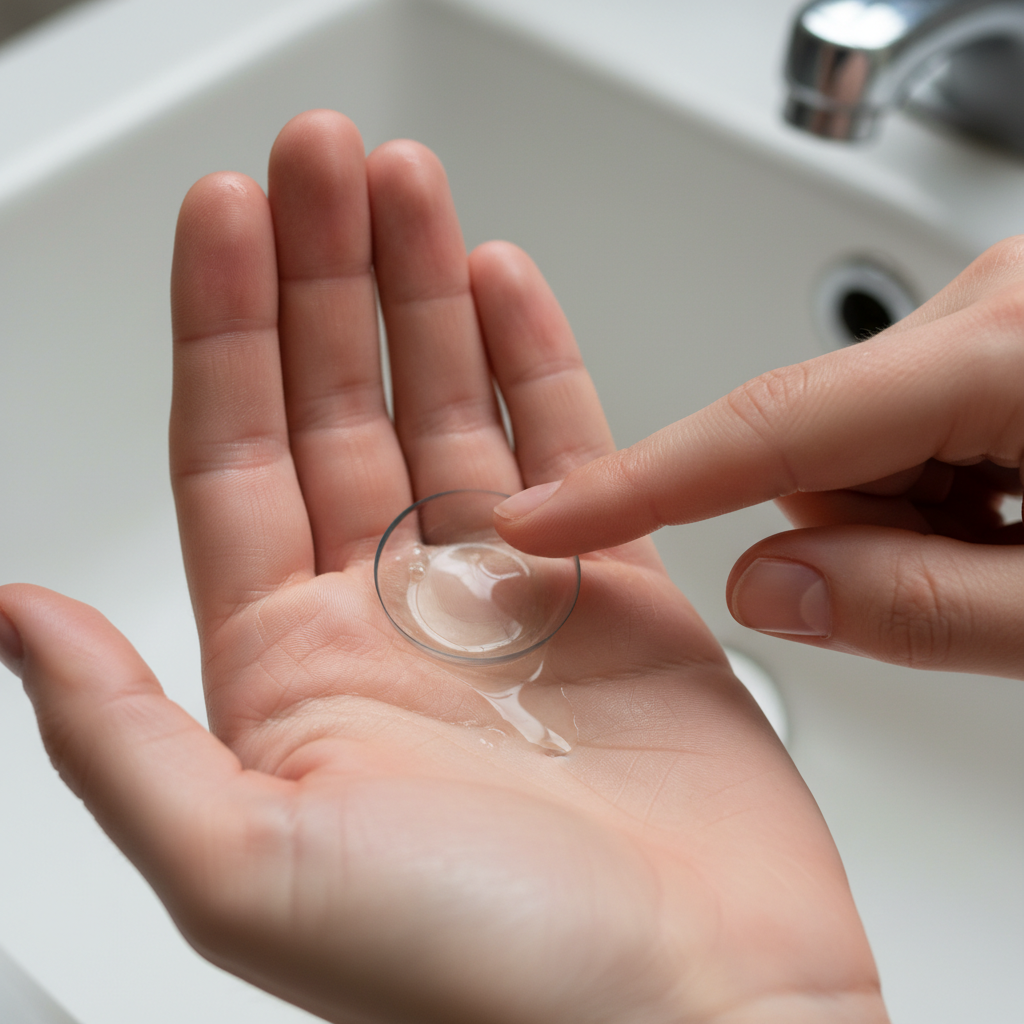 A person correctly cleaning a scleral lens by rubbing it in their palm with their fingertip.