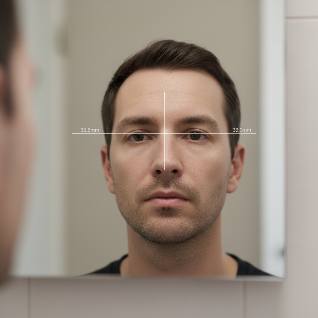 A person with subtle facial asymmetry looking at their reflection in a mirror. Faint digital lines are overlaid on the reflection, measuring the distance from the bridge of the nose to each pupil, highlighting a slight difference between the left and right sides.