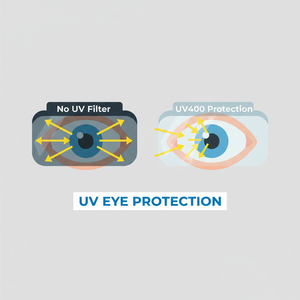 An infographic comparing two eyes. The first eye is behind a dark, non-UV protective lens, showing a wide-open pupil with UV rays penetrating the eye. The second eye is behind a proper UV400 lens, showing a normal-sized pupil and UV rays being blocked by the lens.