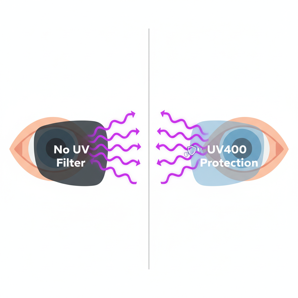 A diagram illustrating how a dark, non-UV sunglass lens causes the pupil to widen, allowing more harmful UV rays to enter the eye, compared to a certified UV400 lens which blocks the rays effectively.
