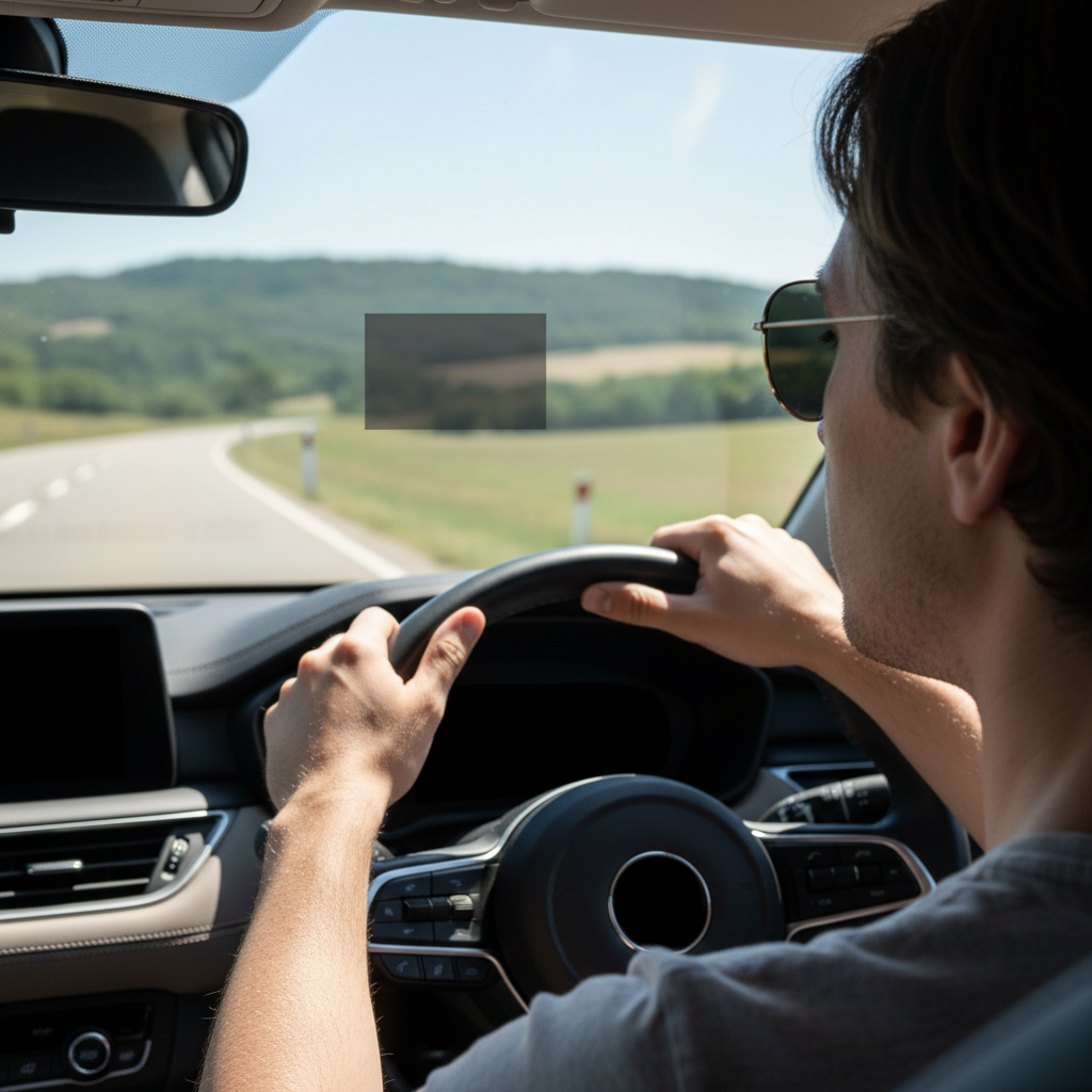 A driver's view of a car's digital dashboard, where the screen is blacked out due to wearing polarized sunglasses.