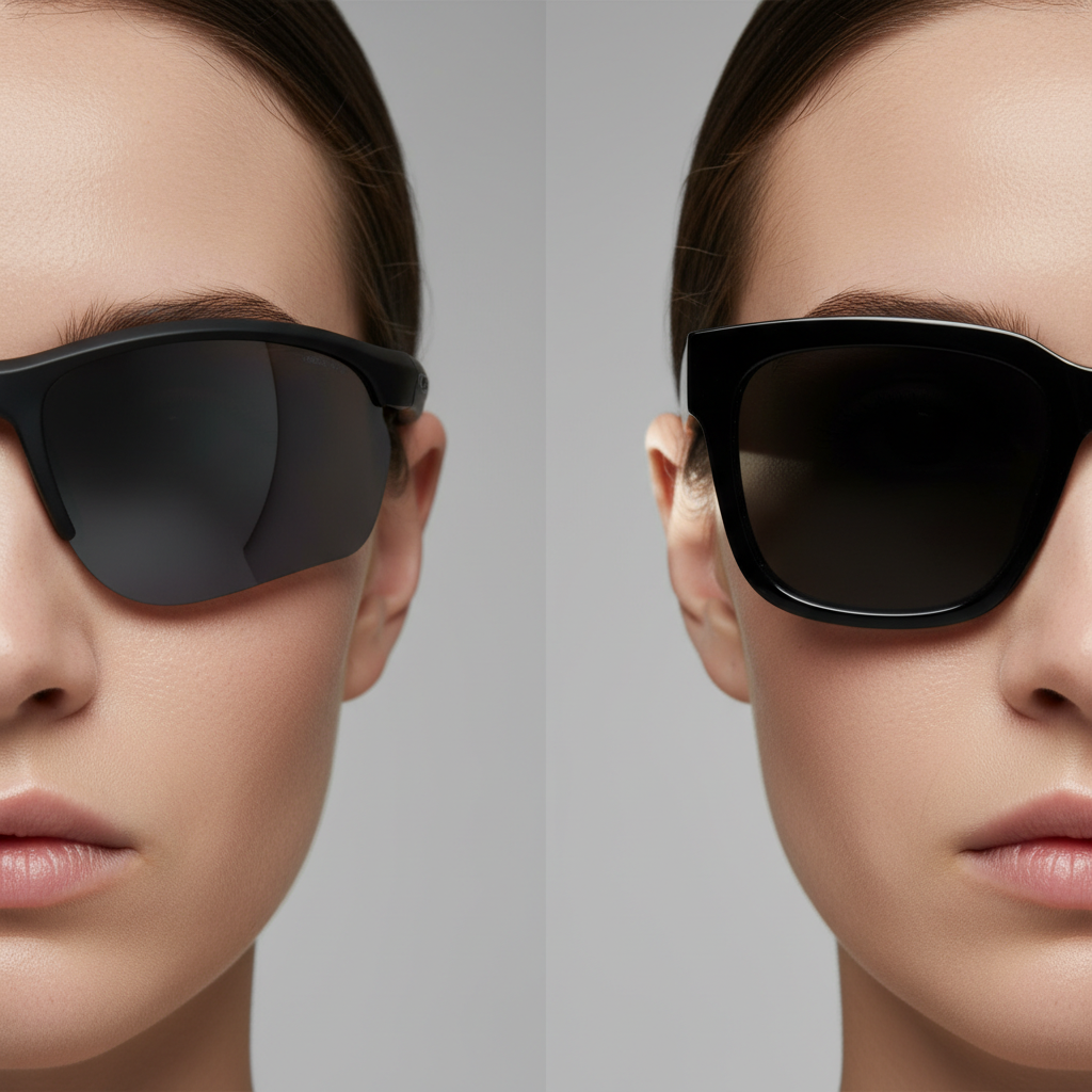 A visual comparison of two pairs of sunglasses on a person's face. One is a pair of wraparound, close-fitting sunglasses that leaves no gaps. The other is a pair of oversized, flat fashion sunglasses that sits far from the face, clearly showing a large gap at the side where light can enter.
