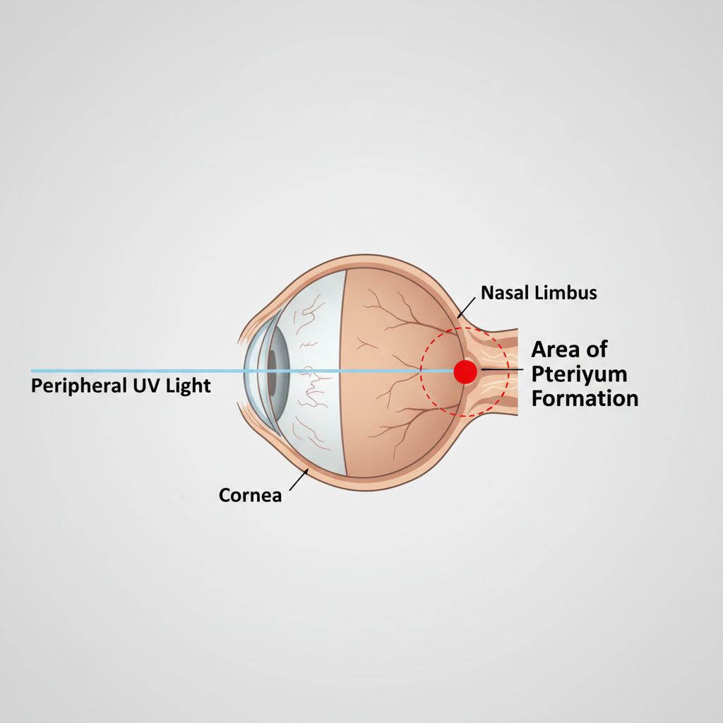 A diagram illustrating the Coroneo Effect, showing how UV light from the side is focused onto the nasal part of the cornea, highlighting the area where pterygium typically forms.