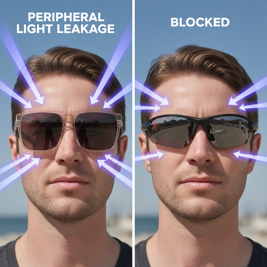 A visual comparison showing a person wearing flat-front fashion sunglasses with arrows indicating UV light entering from the sides and top. Beside it, the same person is shown wearing wraparound sunglasses, demonstrating how the curved frame blocks the peripheral light, offering more complete protection.