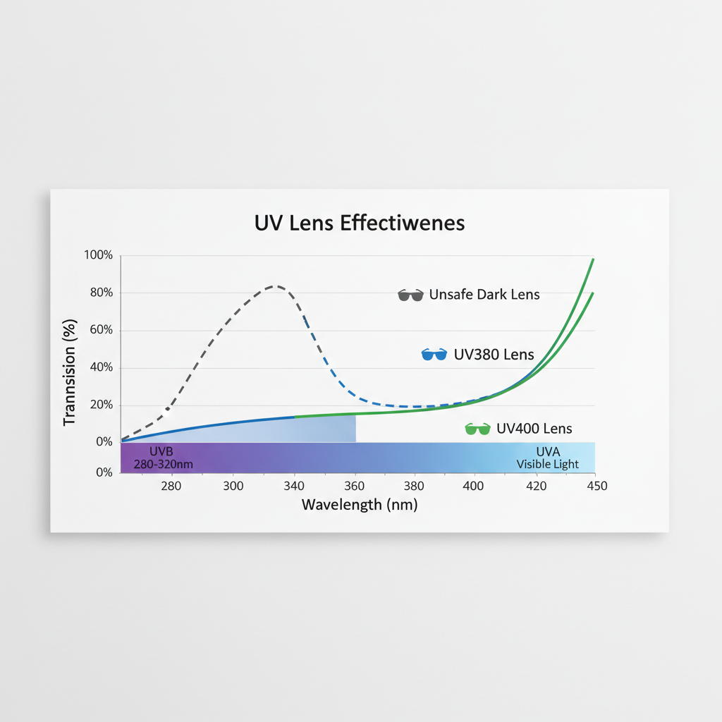 A chart comparing three sunglass lenses, showing that only the UV400 lens blocks the entire harmful UV spectrum up to 400nm.
