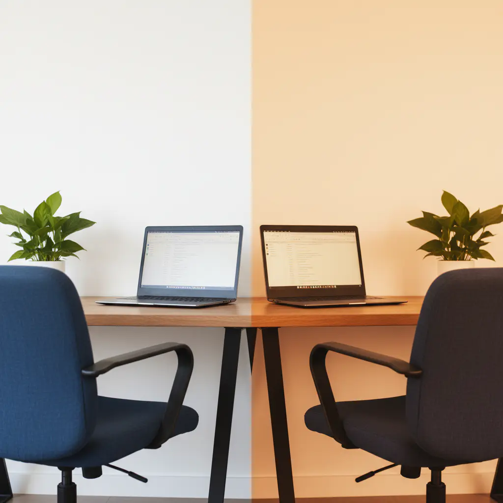 A split-view image showing the world through a clear lens with a slight blue-light filter versus a lens with a strong amber tint, demonstrating the color shift.