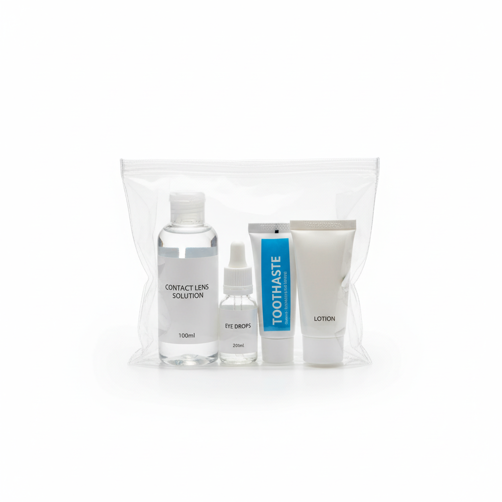 A clear, quart-sized travel bag on a white background, neatly packed with a travel-sized 100ml bottle of contact lens solution, a small bottle of eye drops, and other miniature toiletries.