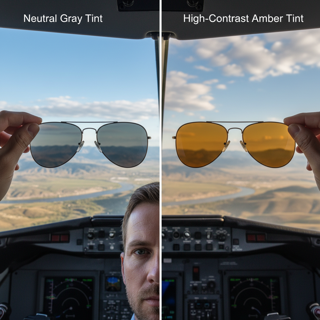 A split-screen image comparing the view from a cockpit: the left side shows a clear, sunny day through a neutral gray lens, and the right side shows a hazy landscape with enhanced contrast through an amber lens.