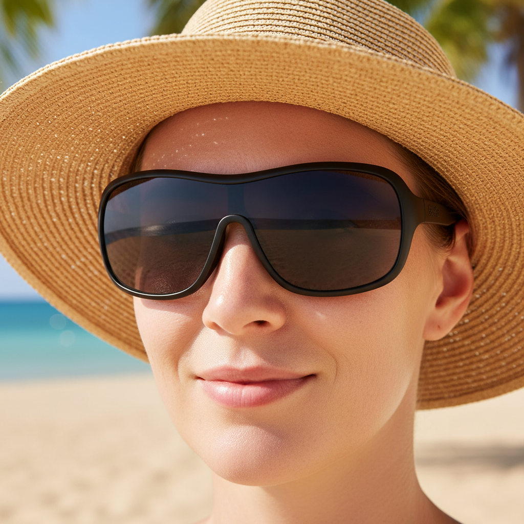 A person with light blue eyes wearing large, stylish wraparound sunglasses and a wide-brimmed hat, effectively demonstrating complete UV protection in a bright outdoor setting.