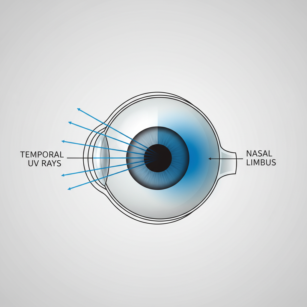 A diagram showing how UV light rays from the side are focused onto the nasal part of the eye, illustrating the Coroneo Effect that contributes to pinguecula formation.