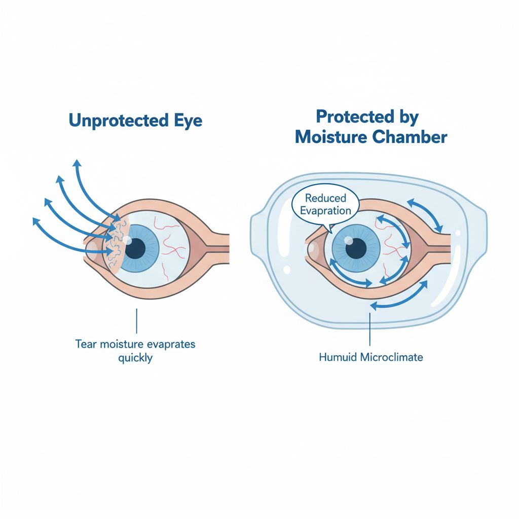 A diagram illustrating the difference in tear evaporation between an unprotected eye and an eye shielded by a moisture chamber. The unprotected eye shows tears quickly evaporating into the air. The protected eye shows a sealed chamber trapping moisture, creating a humid microclimate that prevents evaporation.