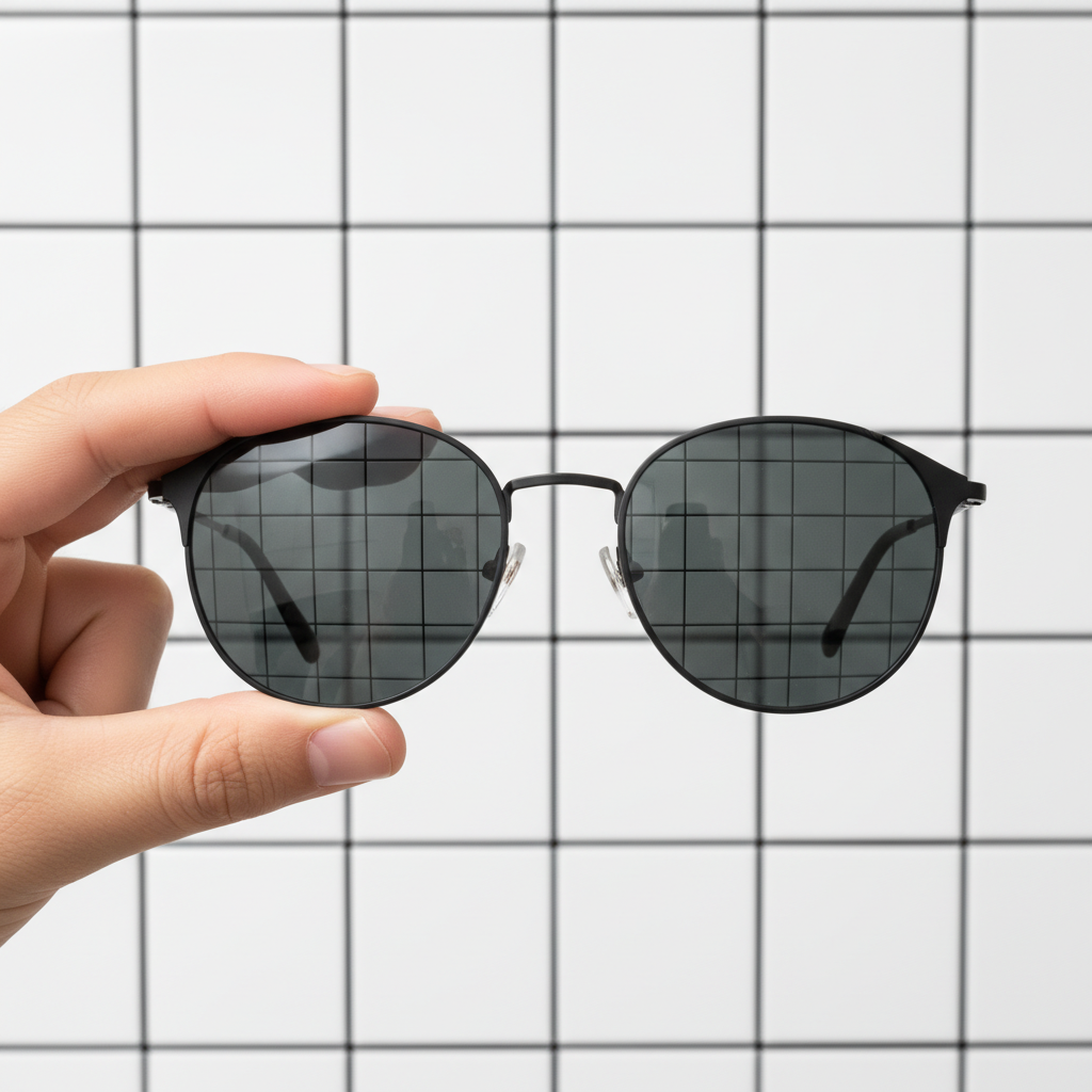 A person holding sunglasses up to a tiled background to demonstrate the optical distortion test.