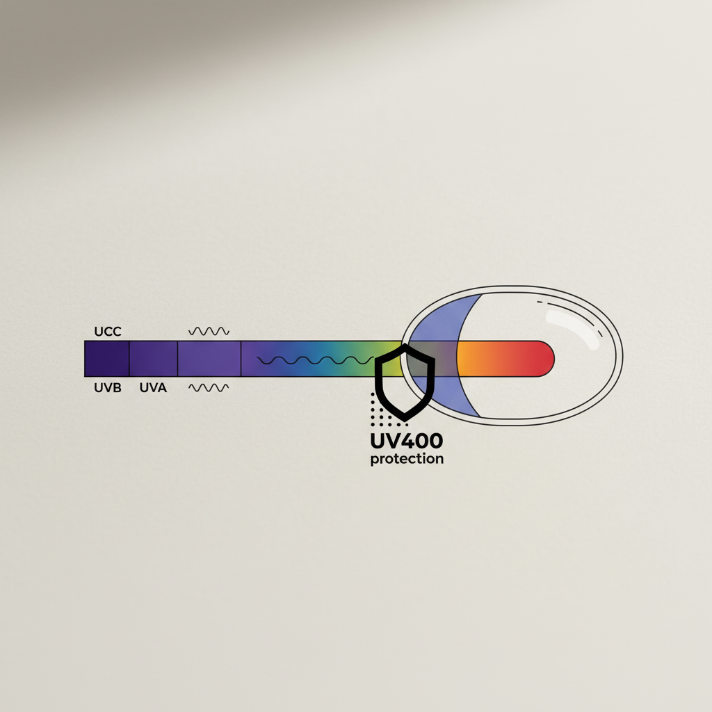 An infographic showing the light spectrum, with a lens graphic that blocks all light waves below the 400nm mark, labeled "UV400 Protection."