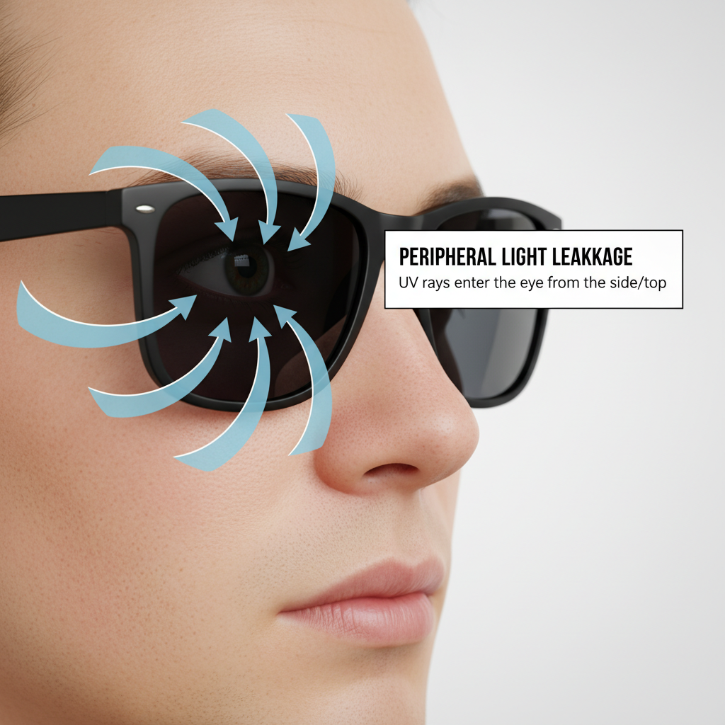 An illustration showing how UV rays can enter the eye from the side (peripheral light leakage) even when wearing sunglasses that are not wraparound style.