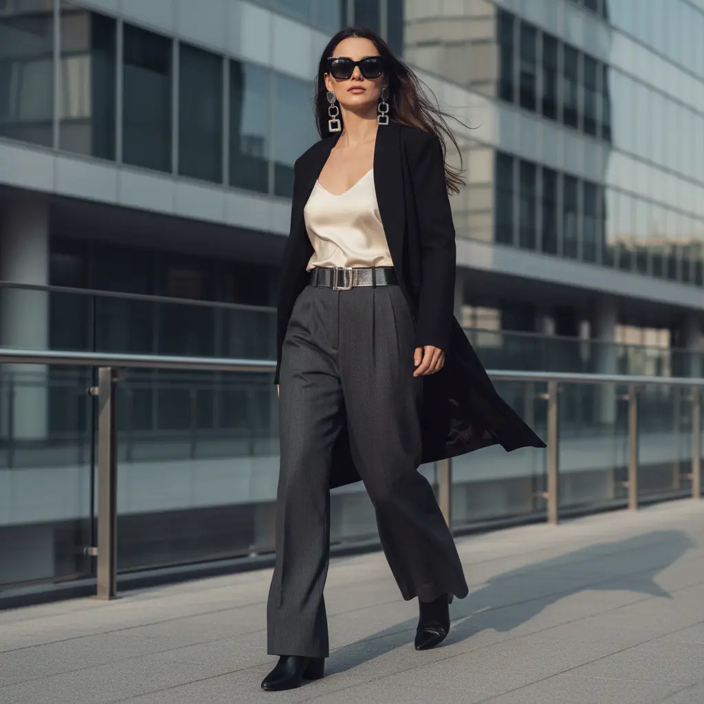 A woman on a city street wearing sleek black sunglasses and modern silver earrings, embodying a chic, urban style.