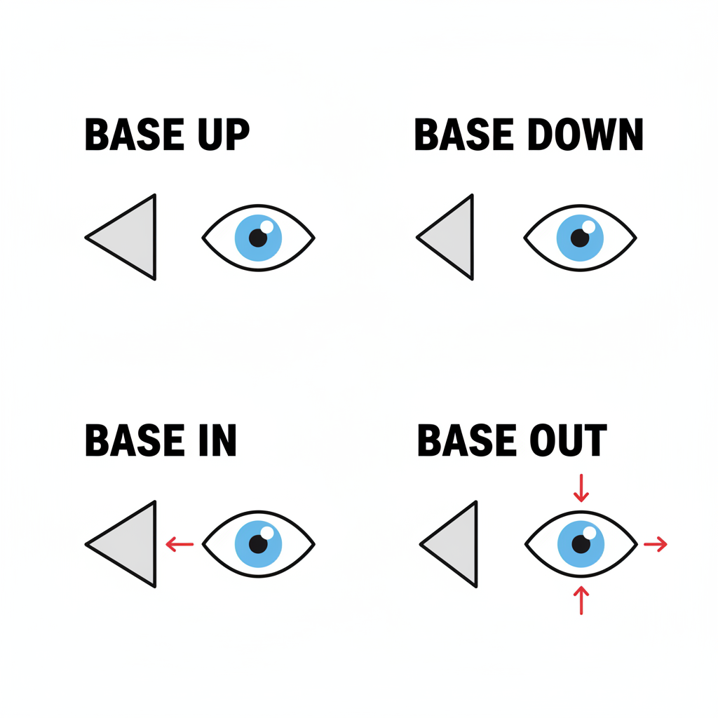 An infographic explaining the four prism base directions: Up, Down, In, and Out.