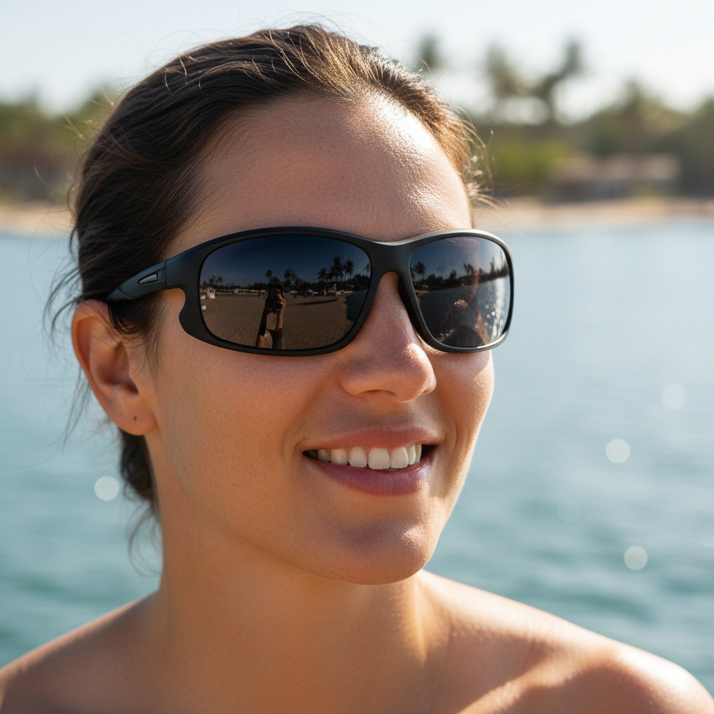 A person wearing close-fitting wraparound sunglasses, demonstrating protection from peripheral light.