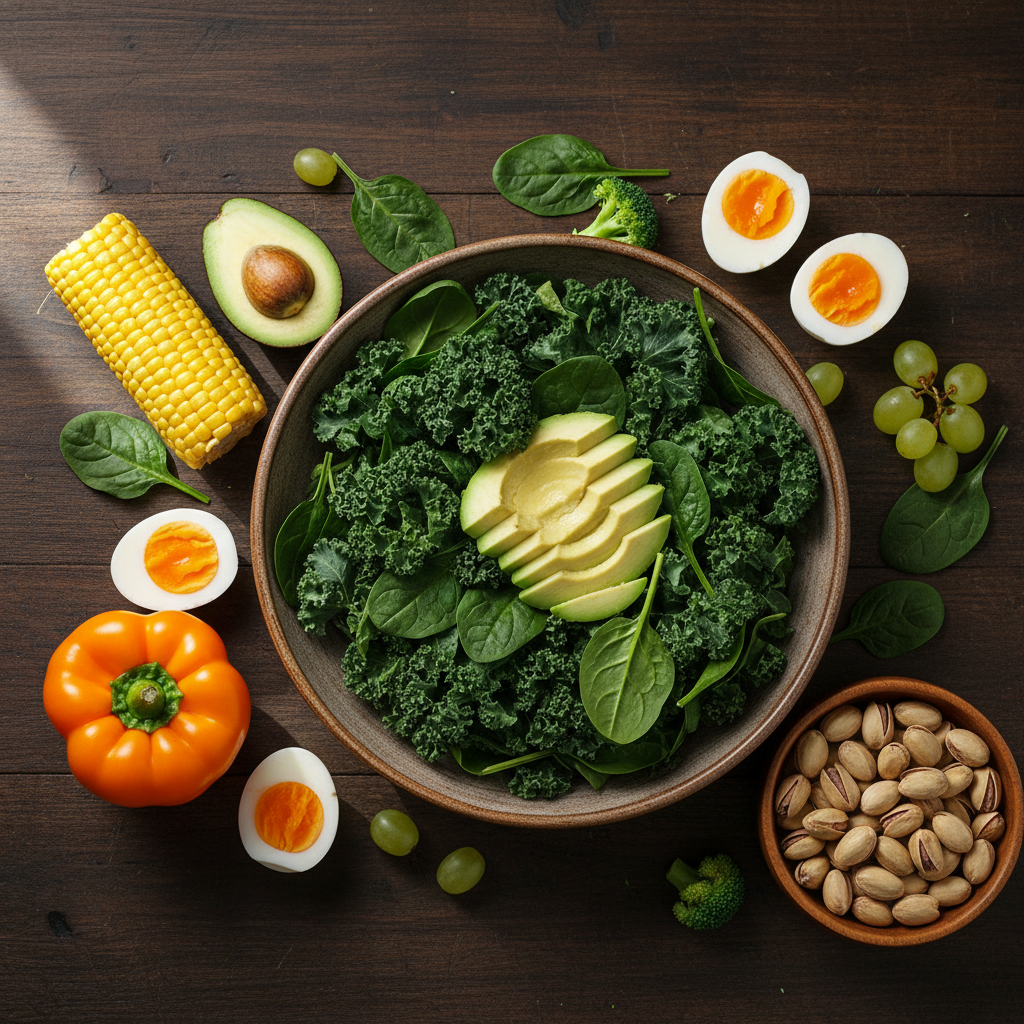 A bright and colorful flat-lay photograph showcasing a variety of foods rich in lutein and zeaxanthin. In the center is a dark ceramic bowl filled with a fresh kale salad, topped with sliced avocado and a light vinaigrette. To the side are several hard-boiled eggs cut in half to show their vibrant yellow yolks, a pile of bright orange bell peppers, and a small bowl of dried goji berries. The entire arrangement is on a rustic wooden background, illuminated by soft, natural light.