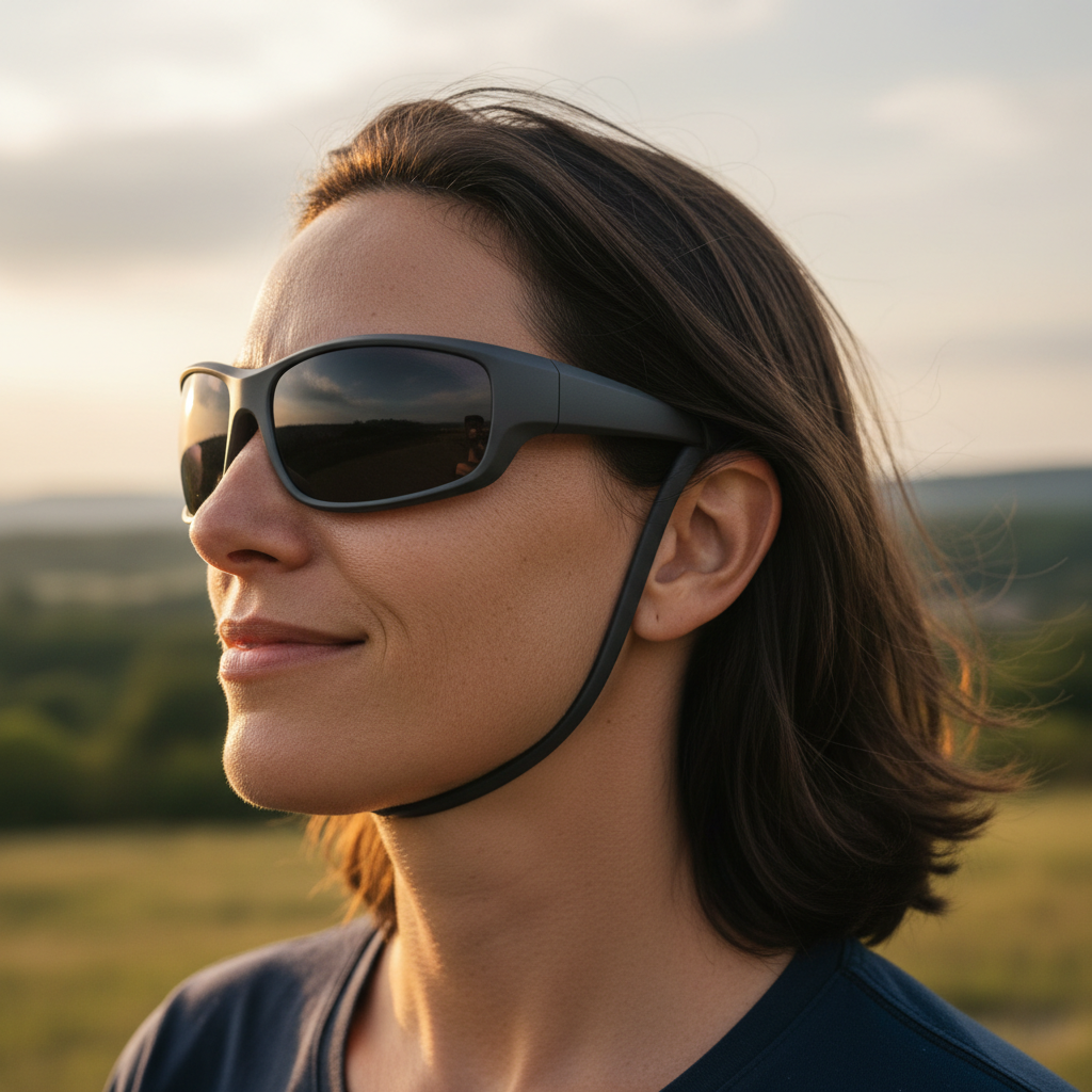 A person wearing wraparound glasses that create a protective seal against wind and dry air, demonstrating a moisture chamber effect for dry eye relief.