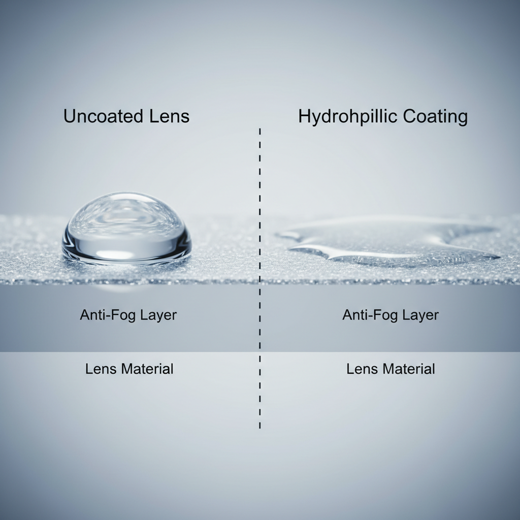 A microscopic, cross-section view of a sunglass lens showing how a hydrophilic anti-fog coating works by spreading a water droplet into a thin, transparent film.
