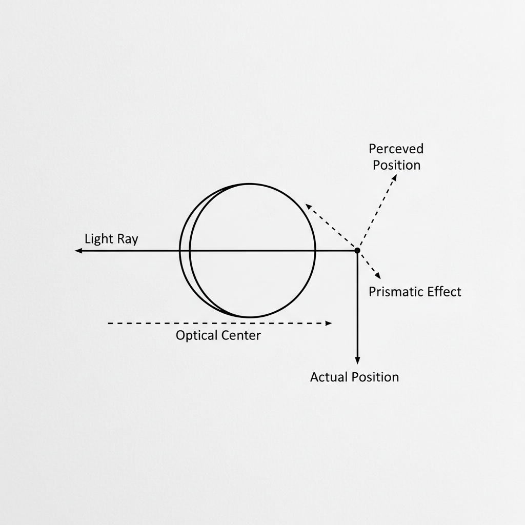 A diagram illustrating the prismatic effect in an eyeglass lens, showing how light is bent, causing objects to appear shifted from their actual position.