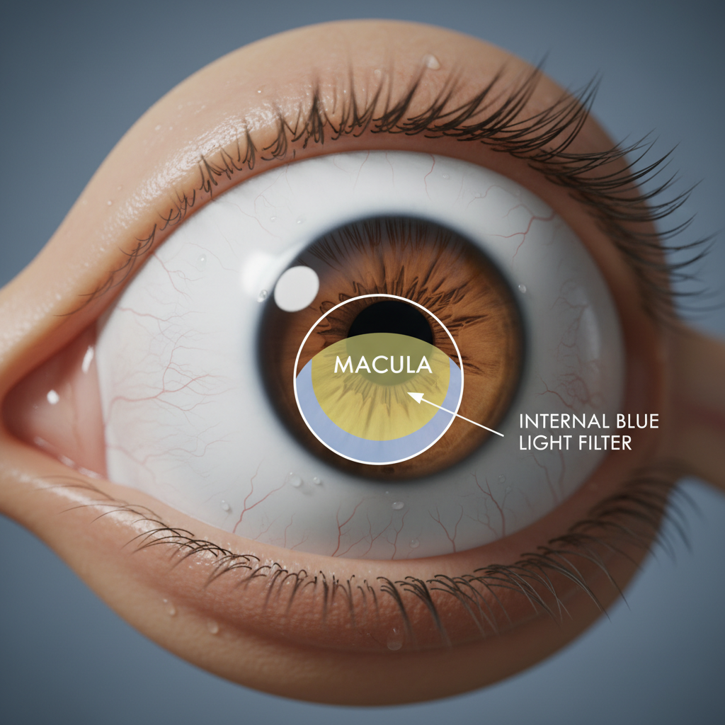 A technical-style medical illustration of the human eye highlighting the macula and the yellow-pigmented macular layer that acts as an internal blue light filter.