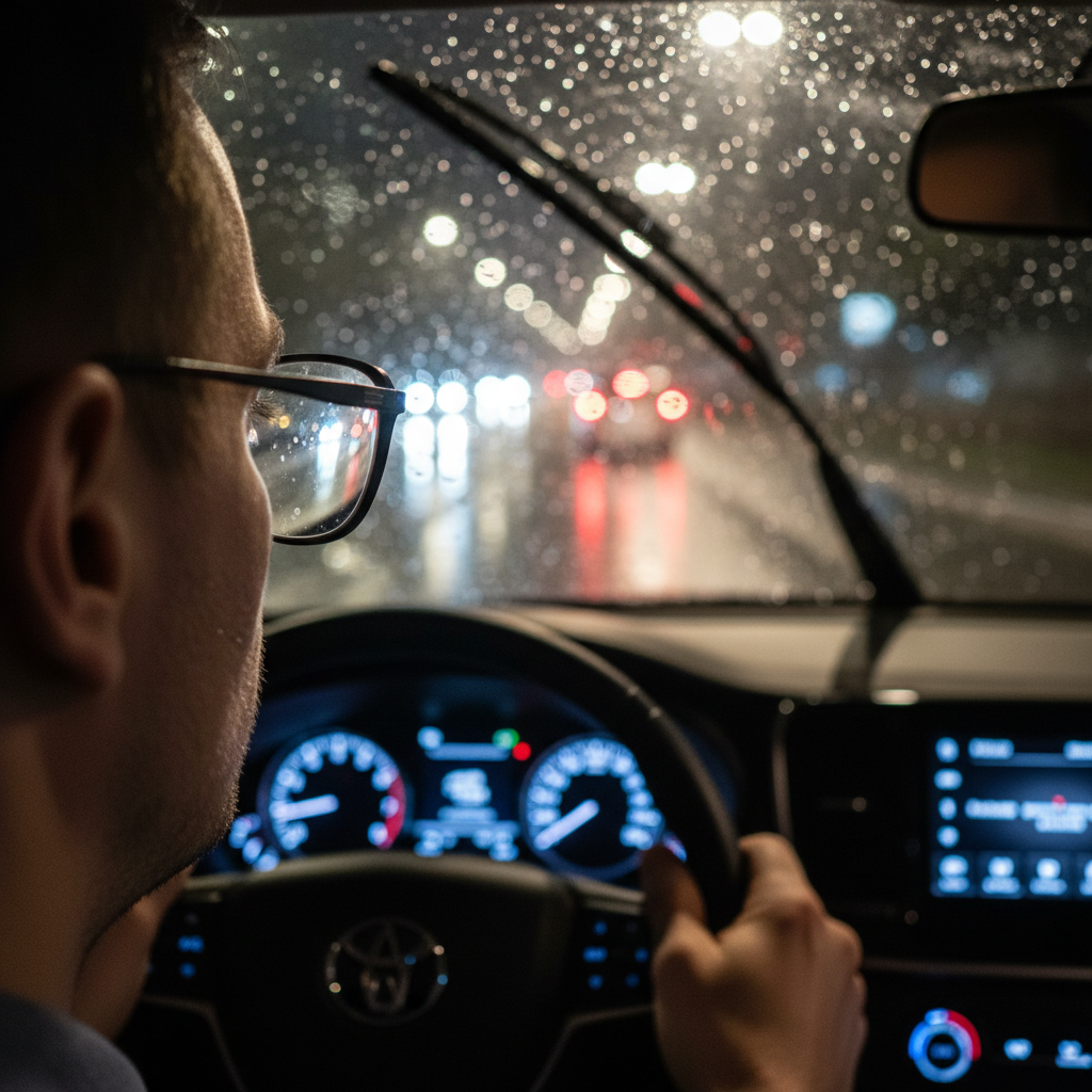 A first-person view from inside a car driving at night in the rain. The windshield wipers are mid-swipe. Through the driver's glasses, which have a high-quality anti-reflective coating, the road ahead is clear, oncoming headlights have minimal glare, and red tail lights are sharp and distinct.