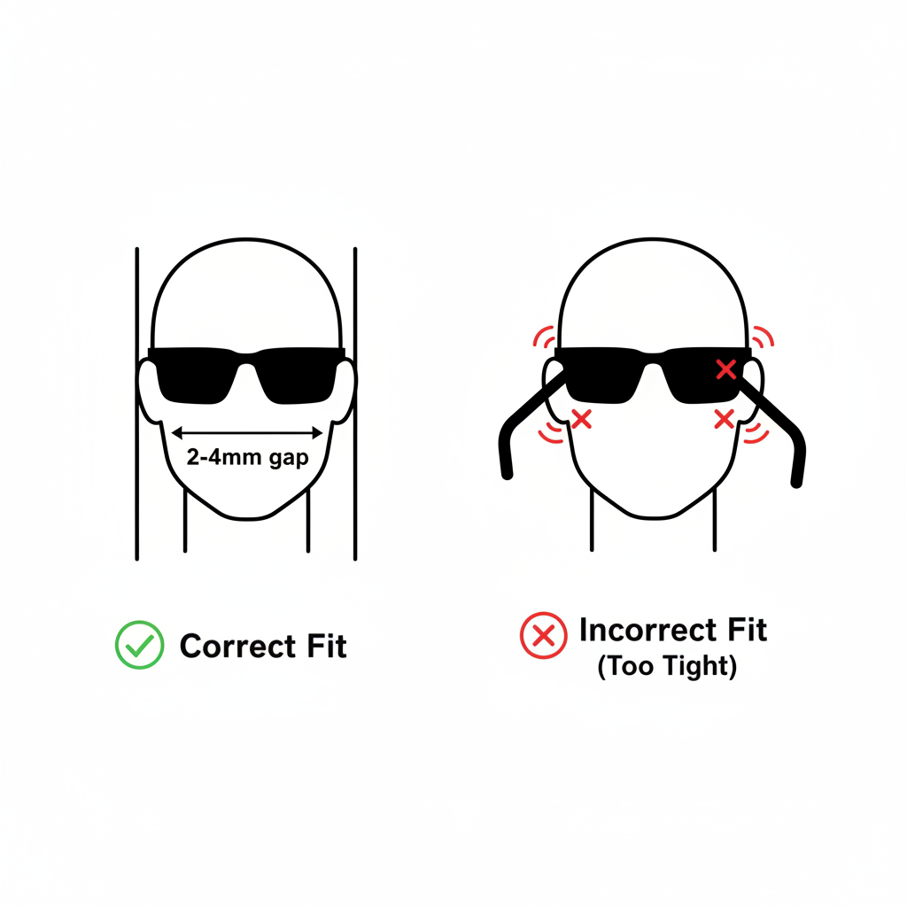 A diagram showing a top-down view of a person's head, illustrating the correct clearance between the temples and the sunglass arms versus an incorrect, tight fit.