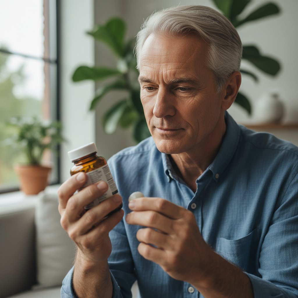 A thoughtful, well-lit portrait of a senior man in his late 60s, holding a small bottle of supplements. He is looking at the label with a contemplative and informed expression. The background is a clean, modern living space, suggesting a proactive approach to health.