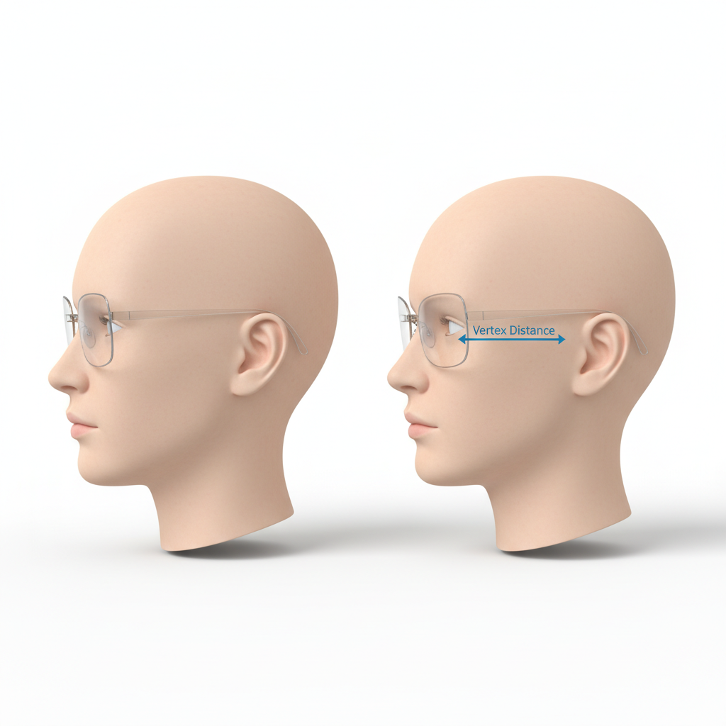 A diagram illustrating how frames with a deeper curve increase vertex distance, helping to camouflage proptosis from Thyroid Eye Disease.