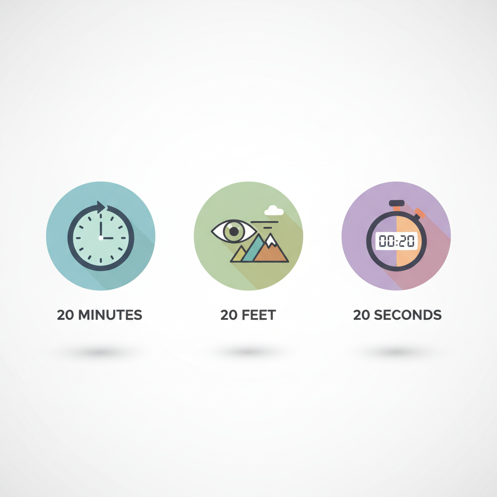 An icon-based graphic explaining the 20-20-20 rule for reducing digital eye strain: Every 20 minutes, look at something 20 feet away for 20 seconds.