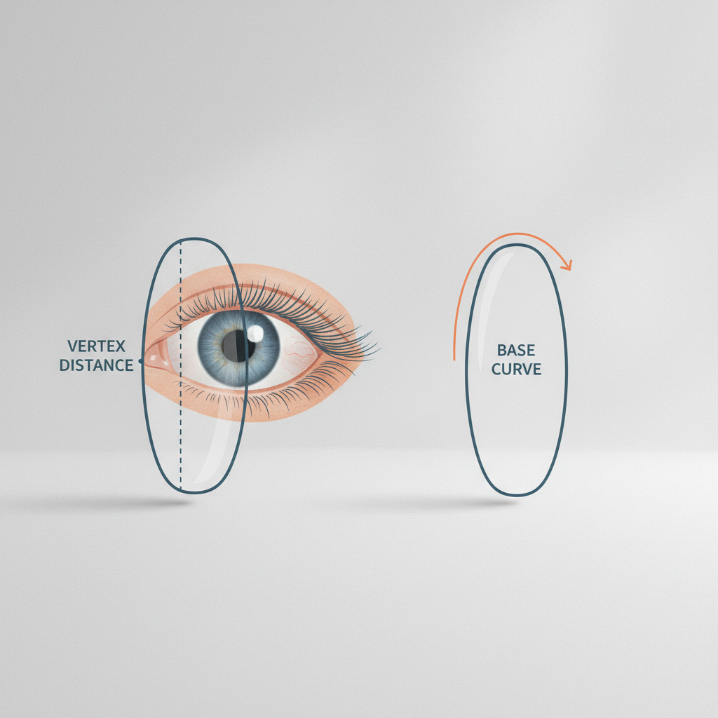 A technical diagram explaining how vertex distance and base curve affect prescription lens accuracy in wraparound frames.