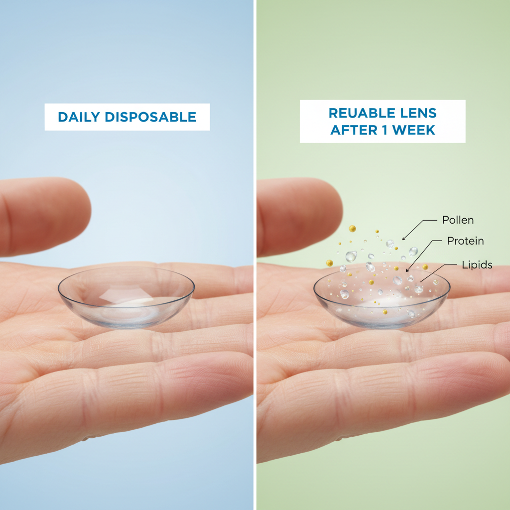 A diagram comparing a clean daily disposable lens to a reusable lens with allergen and protein buildup.