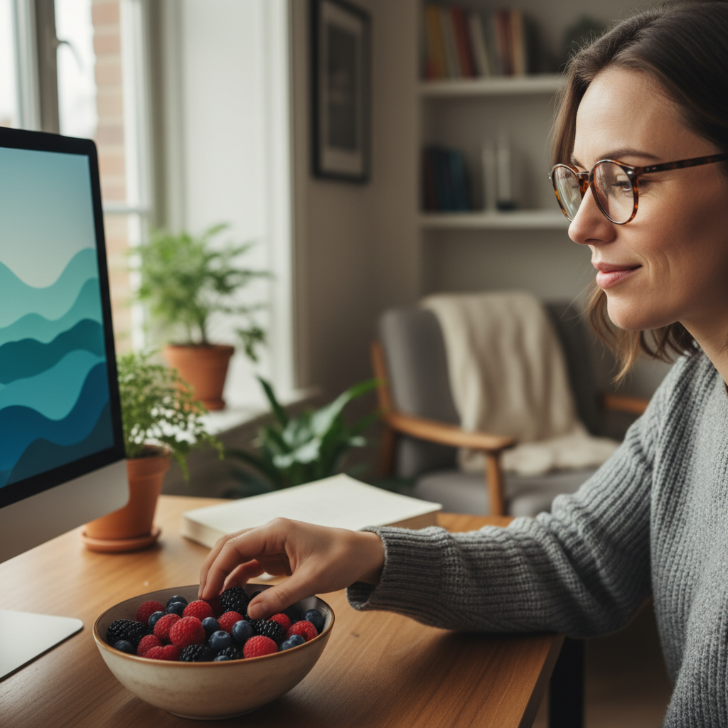 A digital professional in a well-lit home office taking a break from their computer, wearing stylish glasses and reaching for a bowl of fresh berries, illustrating holistic vision wellness.