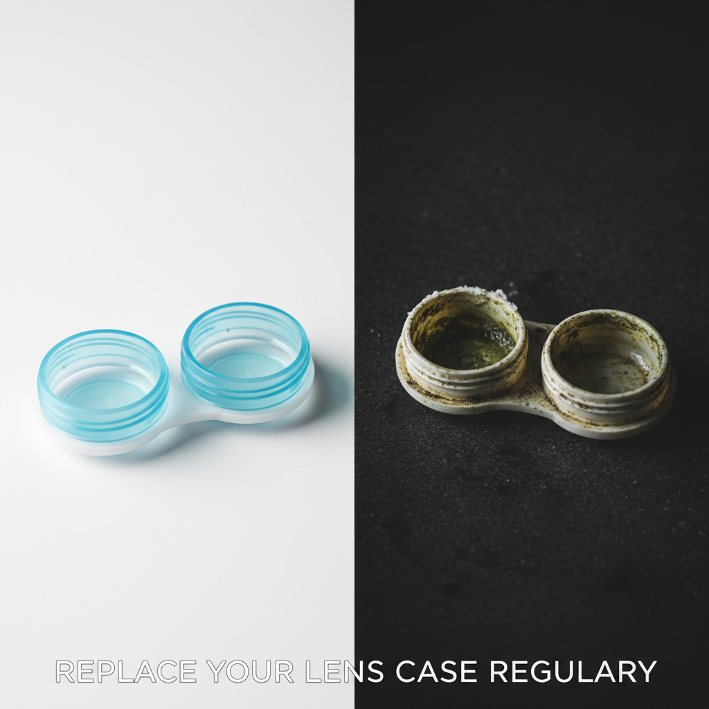 A comparison of a clean new contact lens case versus a dirty, contaminated one, highlighting hygiene risks.
